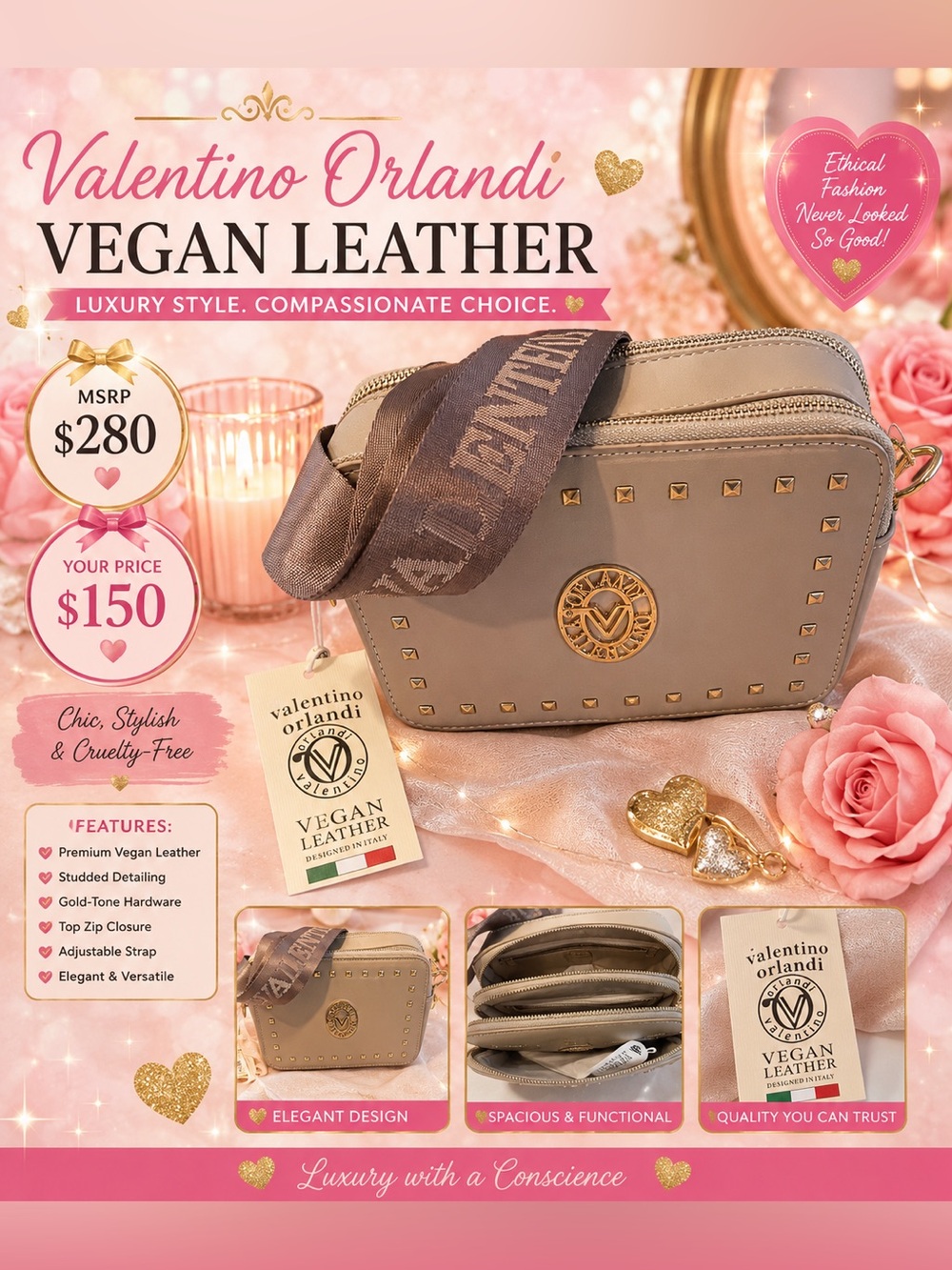 Valentino Orlandi Taupe Vegan Leather Studded Crossbody with Gold Hardware